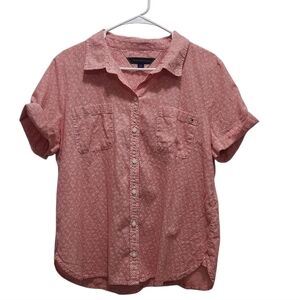 TOMMY HILFIGER Red & White Floral Gingham Women's Button Up Camp Shirt Size L